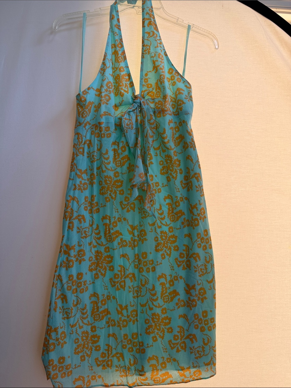 GAP Turquoise Halter Tie-Front Mini Dress with Gold Floral Pattern